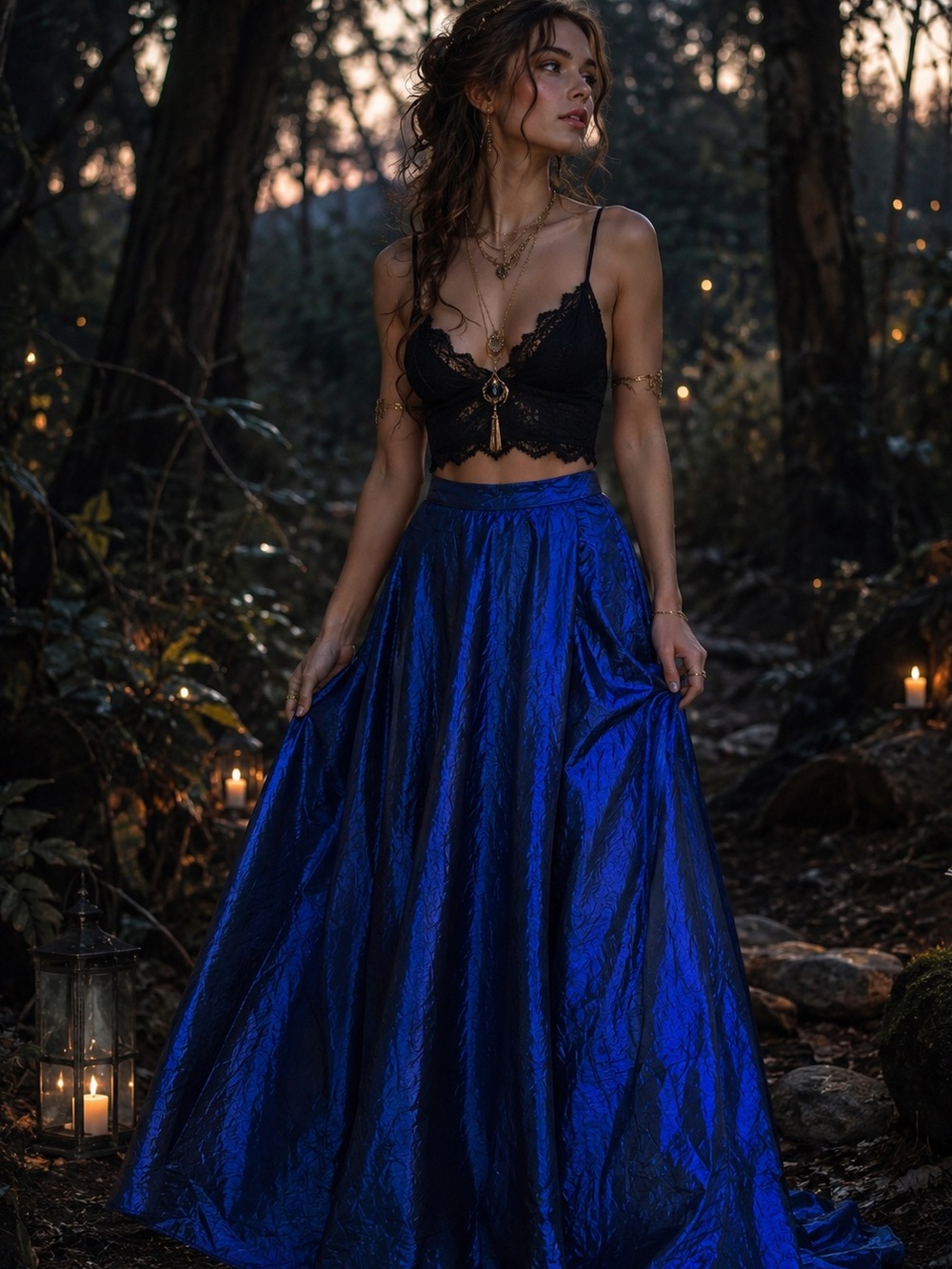 Vintage Blue Iridescent Maxi Skirt Women Full Length Gothic Witchy Boho